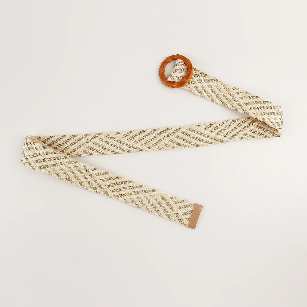 REWIN 2022 New Trend Wide Apricot Shinny Metallic Straw Woven Belts With Wood Bamboo Rings Buckle