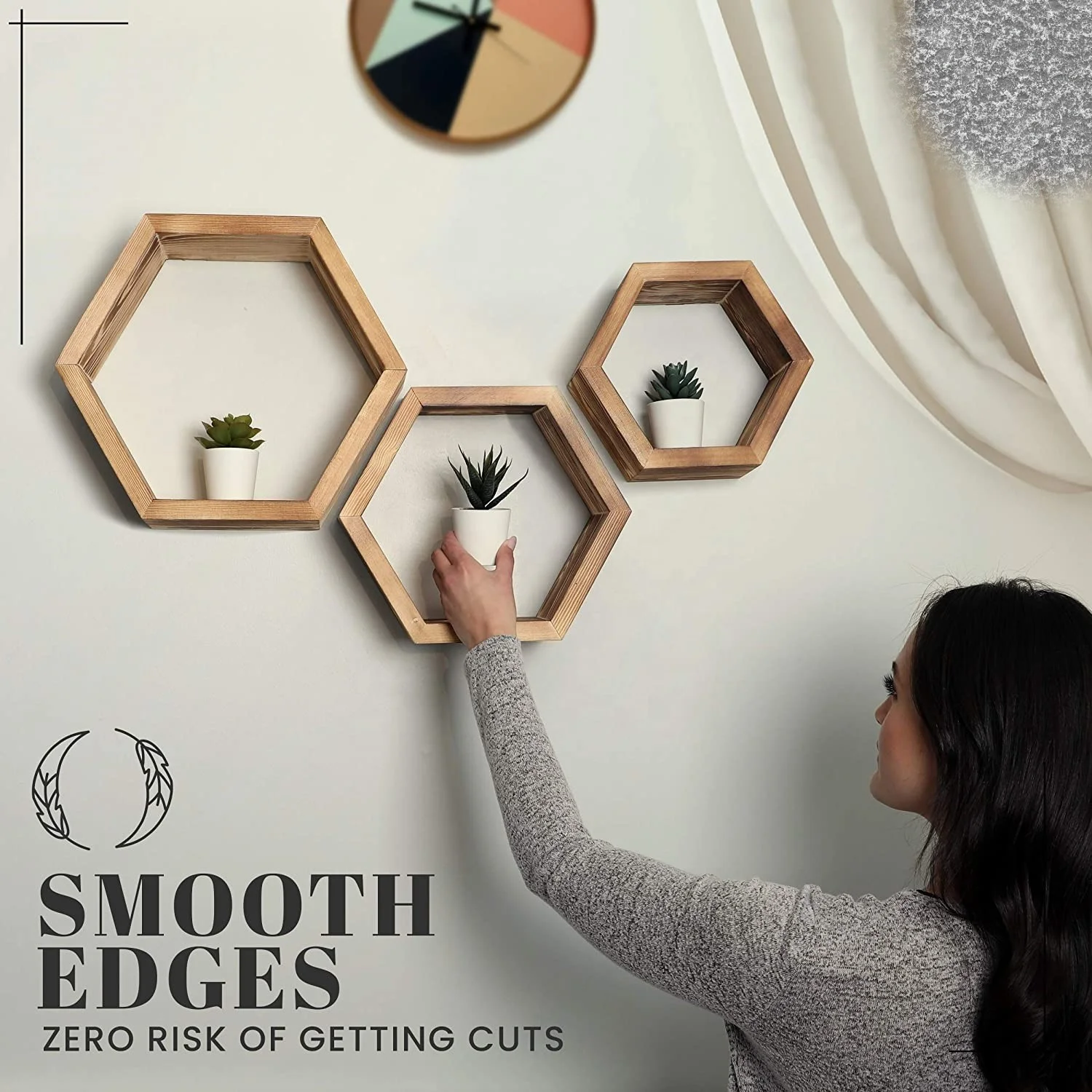 Hexagon Floating Shelves Set of 3 Boho Wall Decor Geometric Hexagon Shelves Wooden Honeycomb Succulent Plant Shelf