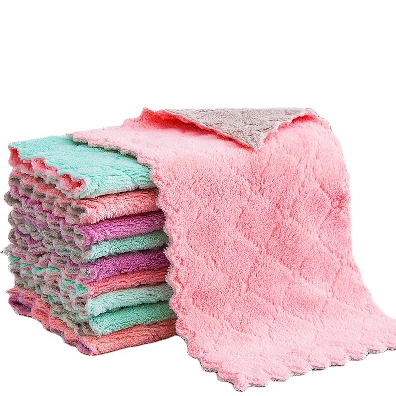 16*27 cm fleece 2 layers coral stock ready kitchen wash cloth microfiber dish towel for home cleaning wholesale