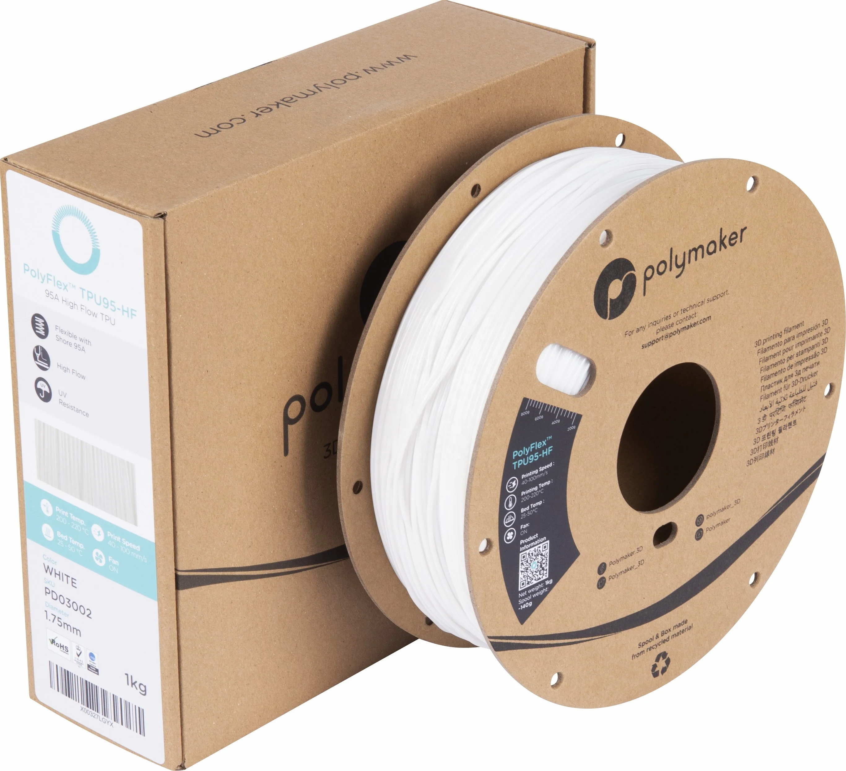China Manufacturer Factory Price Custom White UV Resistance 1kg / 2.85mm / 1.75mm PolyFlex TPU95 -HF 3D Printer TPU Filament