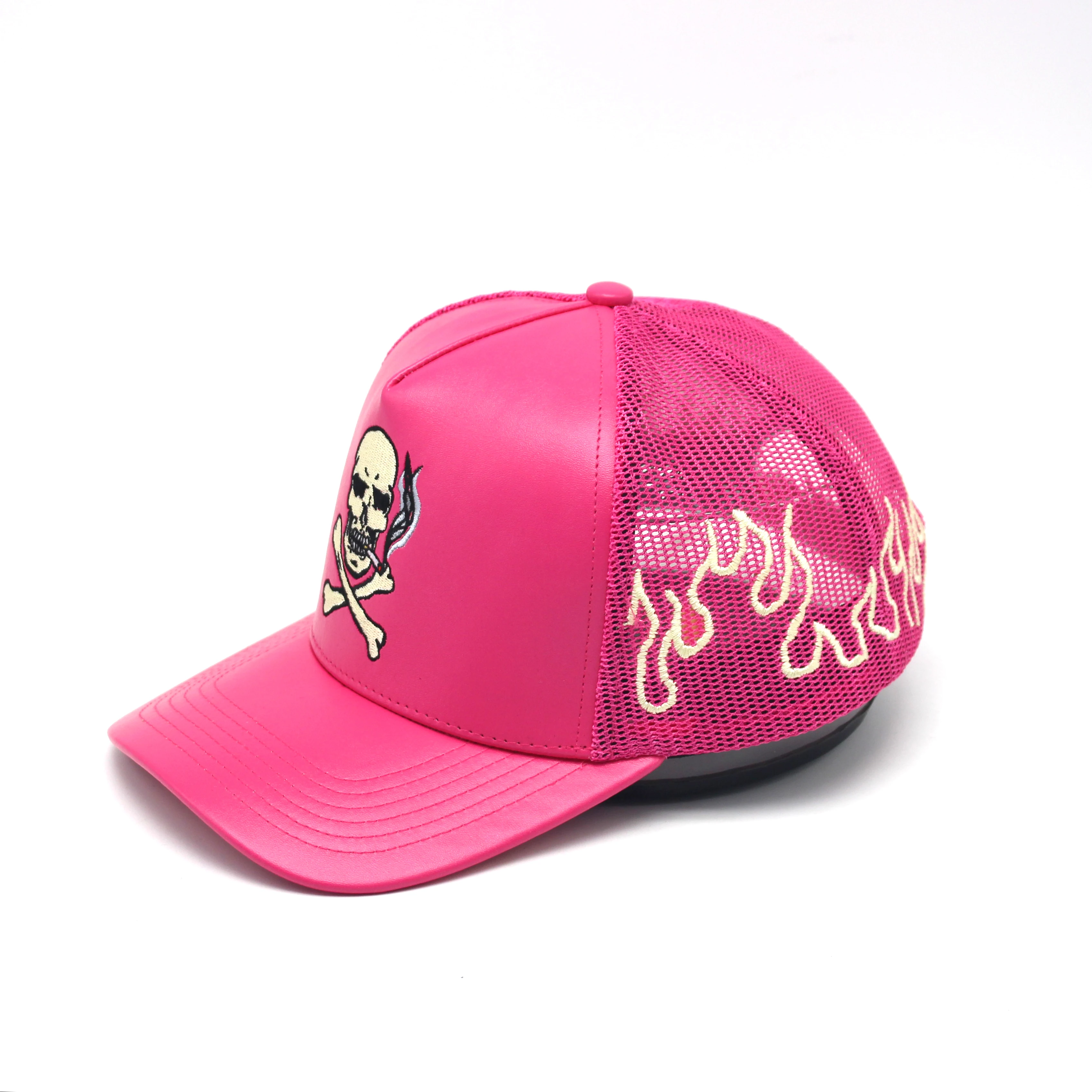 Custom Logo 5 Panel Pink leather mesh trucker hat caps wholesale