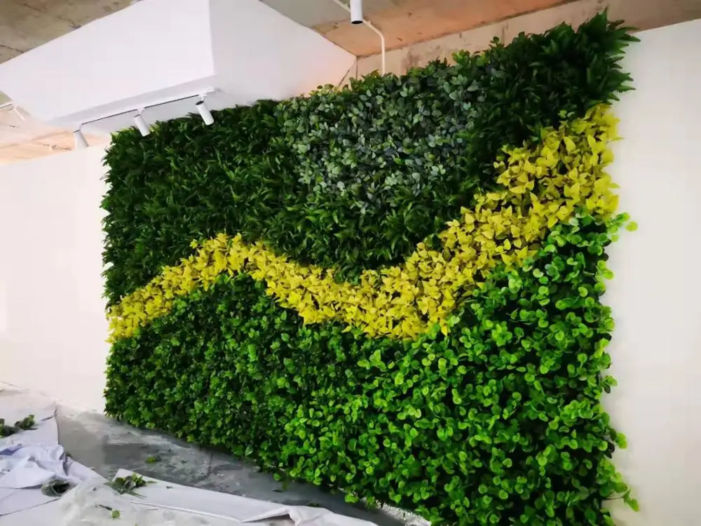 UV Plastic Grass and Leaves Plant Artificial Vertical Green Hedge Wall for Outdoor Boxwood Mat Decoration