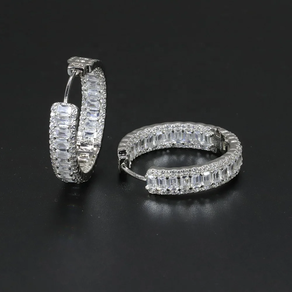 Rhodium Plated Inside Out 925 Sterling Silver CZ Cubic Zircon Emerald Cut Stone Full Pave Diamond Eternity Hoop Earring