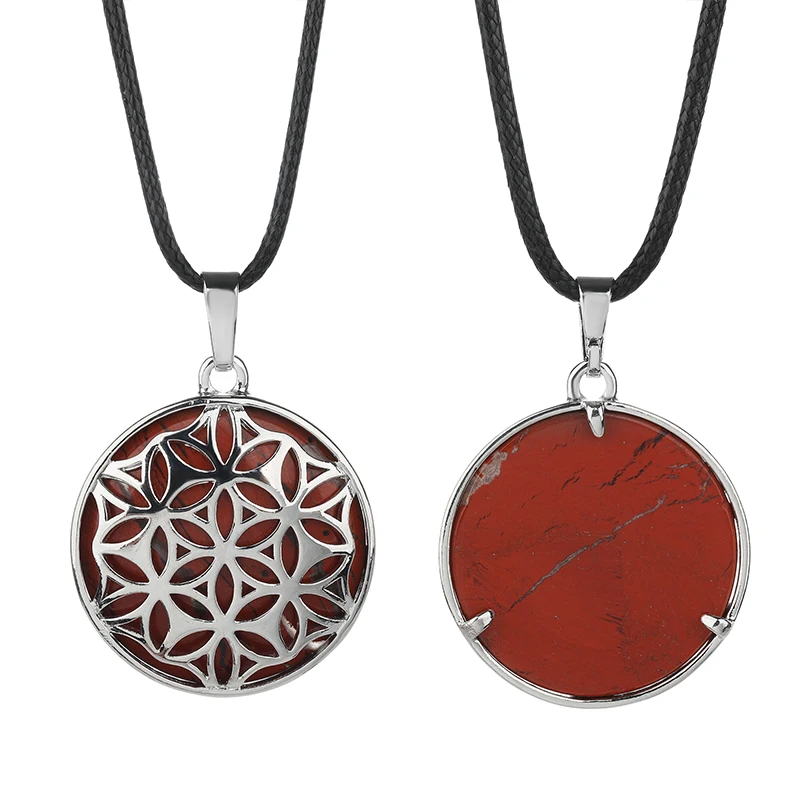 Wholesale Round Stone Openwork Alloy Flower Pendant Healing Crystals Pendants for Necklace Accessories