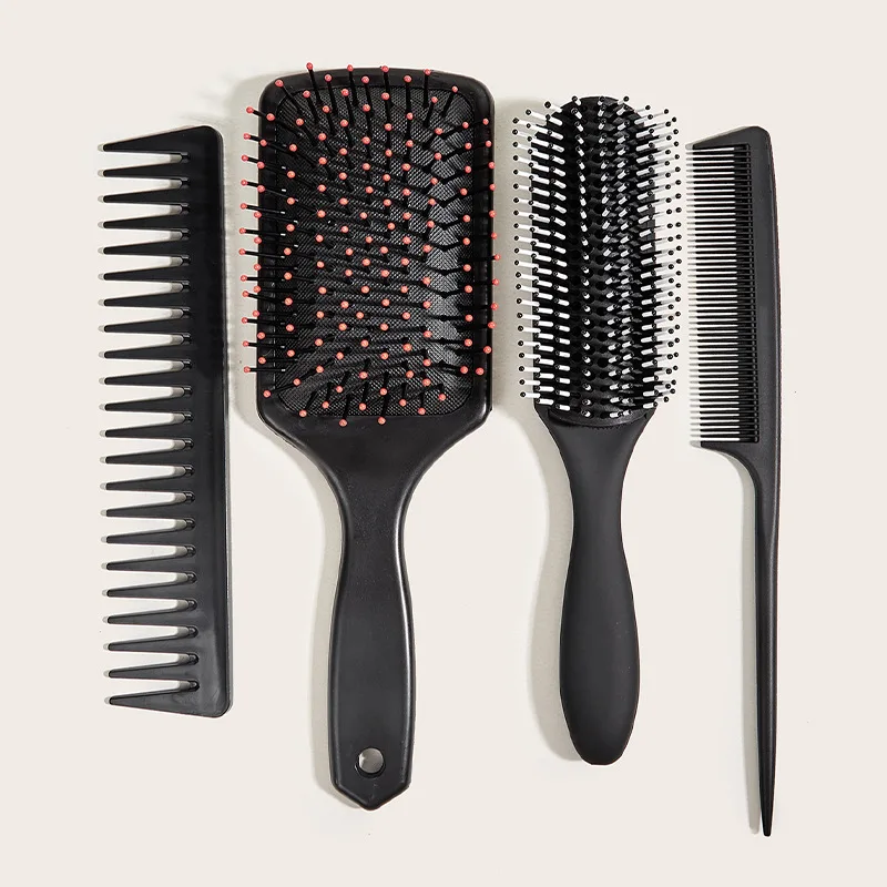 High Quality Custom Logo 4pcs Carbon Fiber Plastic Salon Black Hair Brush Set Plastic Hair Comb Set