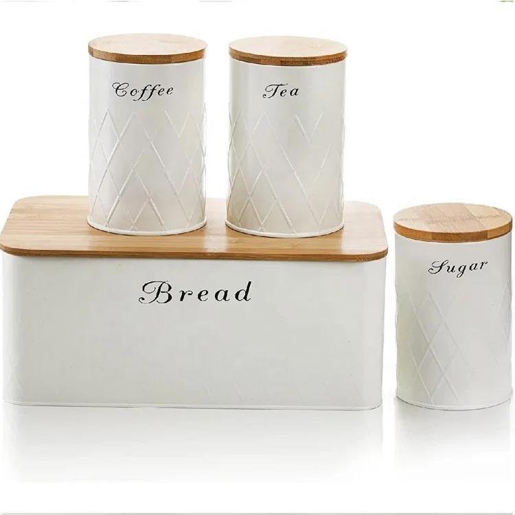 Set of 4 Bread Box and Canister Set for Kitchen Countertop Metal Bread Bin Sugar Tea Coffee Storage Canister with Lid