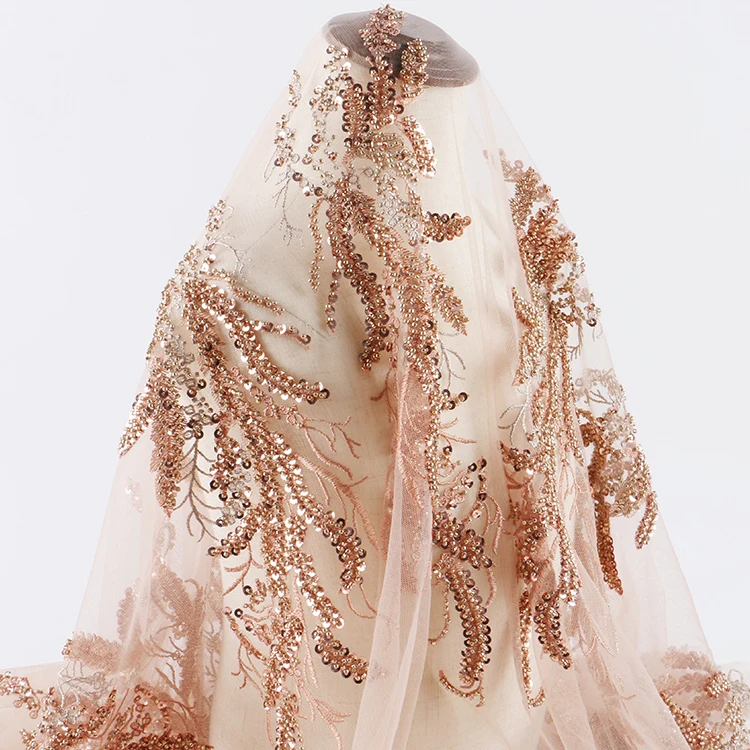 Luxury big foliage leaf pattern elastic mesh pearl beaded bridal lace fabric for wedding dress