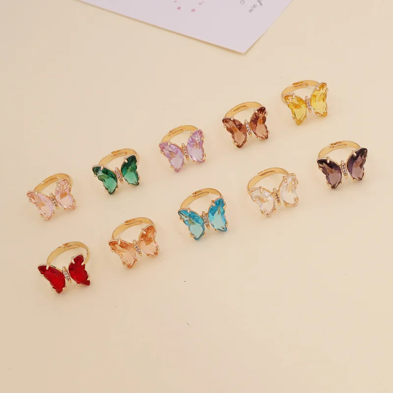 Brass Delicate Colorful Crystal Open Butterfly Rings Simple Banquet Wedding Finger Rings For Women Gift