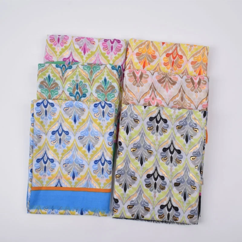Newest Spring Summer  Beach Shawl Floral Print Scarves Soft Viscose Stylish Shimmer Glitter Wraps Muslim Gold Foil Boho Scarf