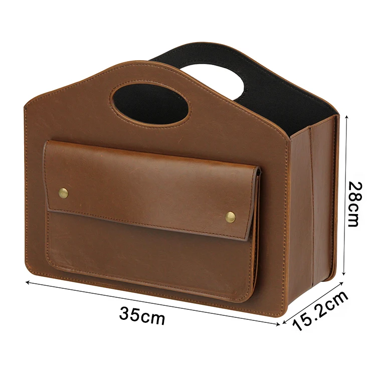 Brown foldable leather magazine storage basket with a useful small bag