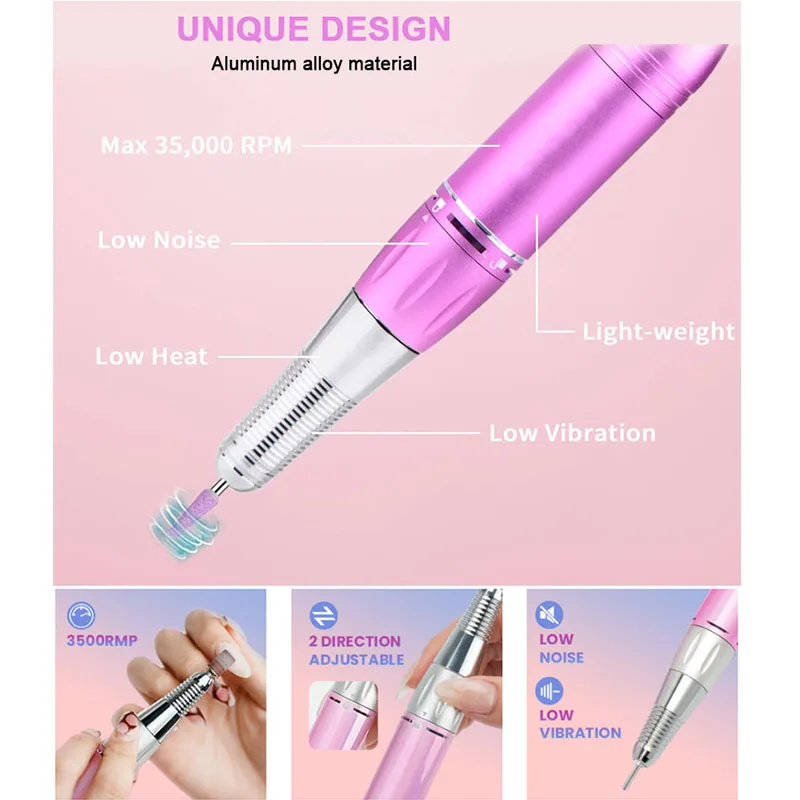 Professional Portable Cordless Nail Drill Machine 35000RPM Crystal Diamonds Rechargeable E-file Nail Polisher for Home Salon