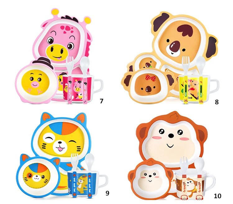 10 Design 5pcs/set Baby Tableware Cartoon Children Feeding Dishes Kids Bamboo Fiber Bowl Fork Cup Spoon Dinnerware Set