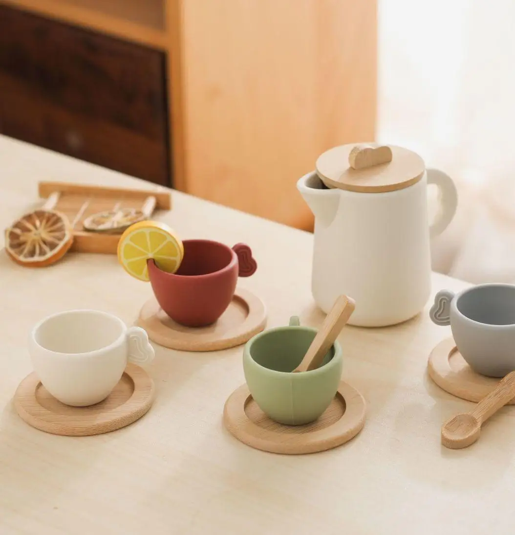 Baby Wooden Coasters Food Grade Silicone Kitchen Toy Educational Afternoon Tea Set Kitchen Accessories Toy Dishwasher Pretend