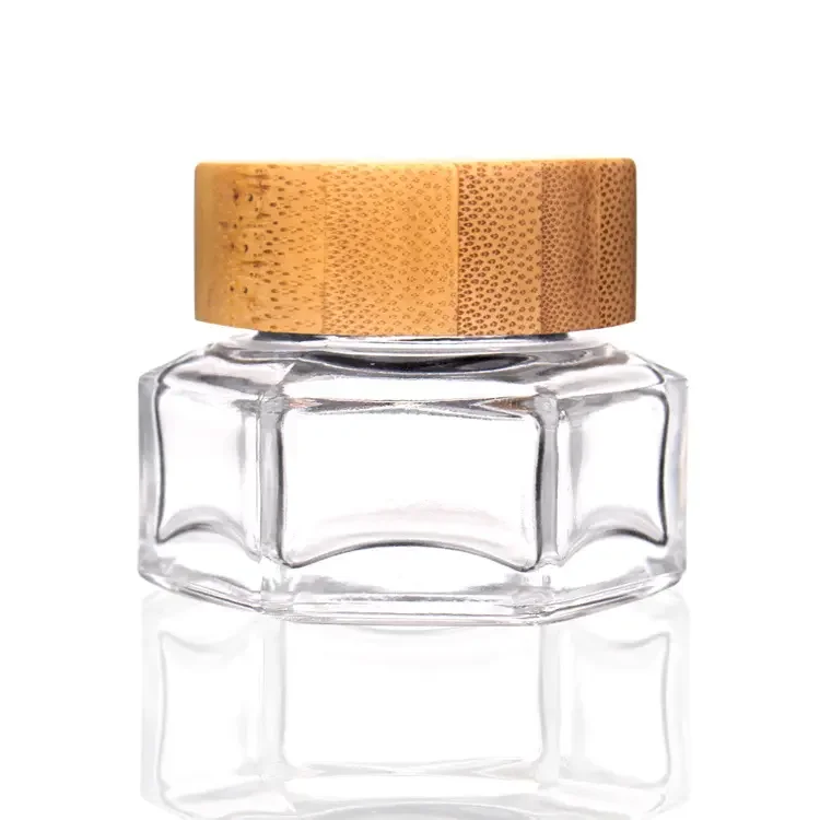 Round lid face cream container hexagonal luxury glass 30g cosmetic jar with bamboo screws