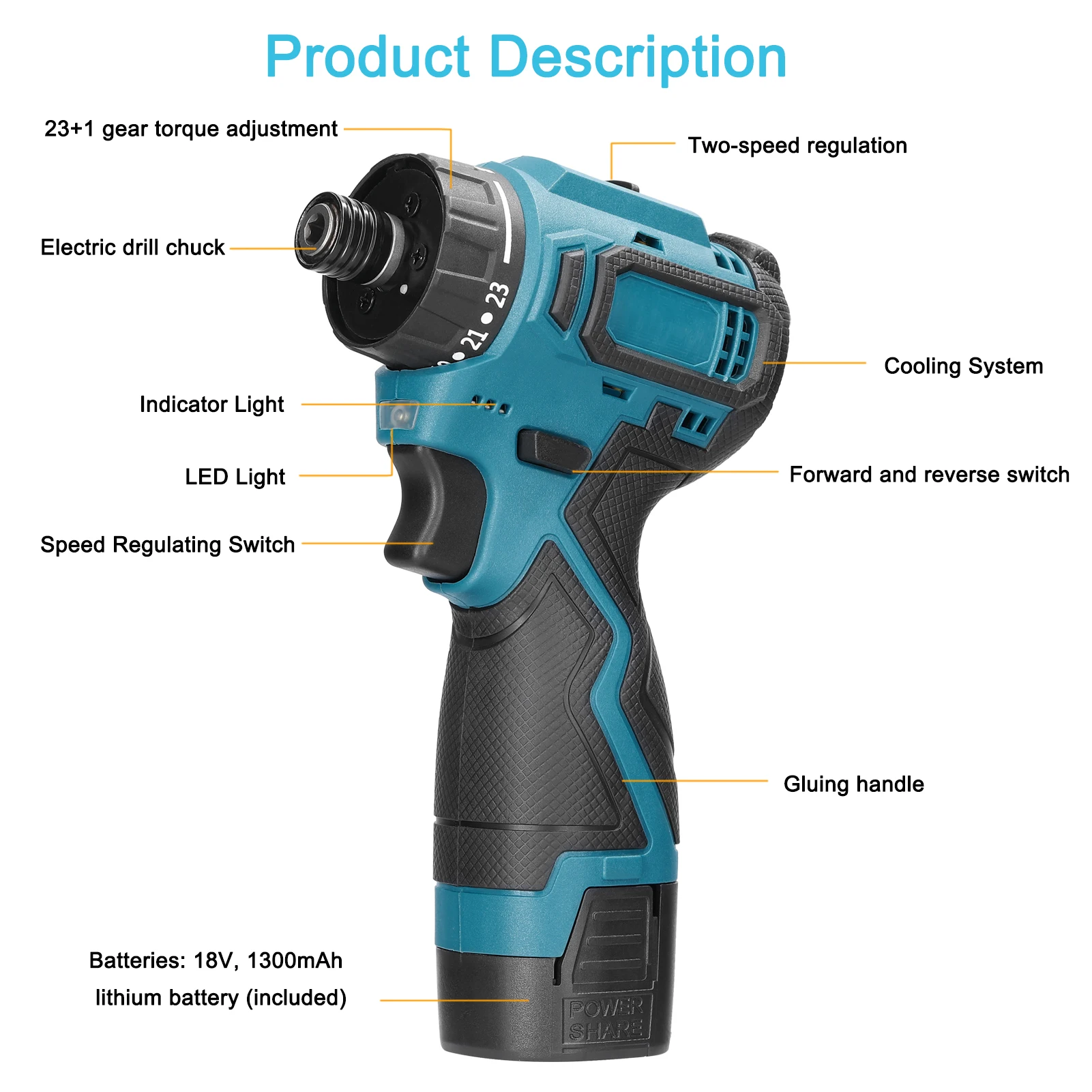 18V Lithium Screwdriver 45N.M Torque Adjustable 2 Speed Multifunctional Repairing Tool Kit Brushless Motor Electric Screw Driver