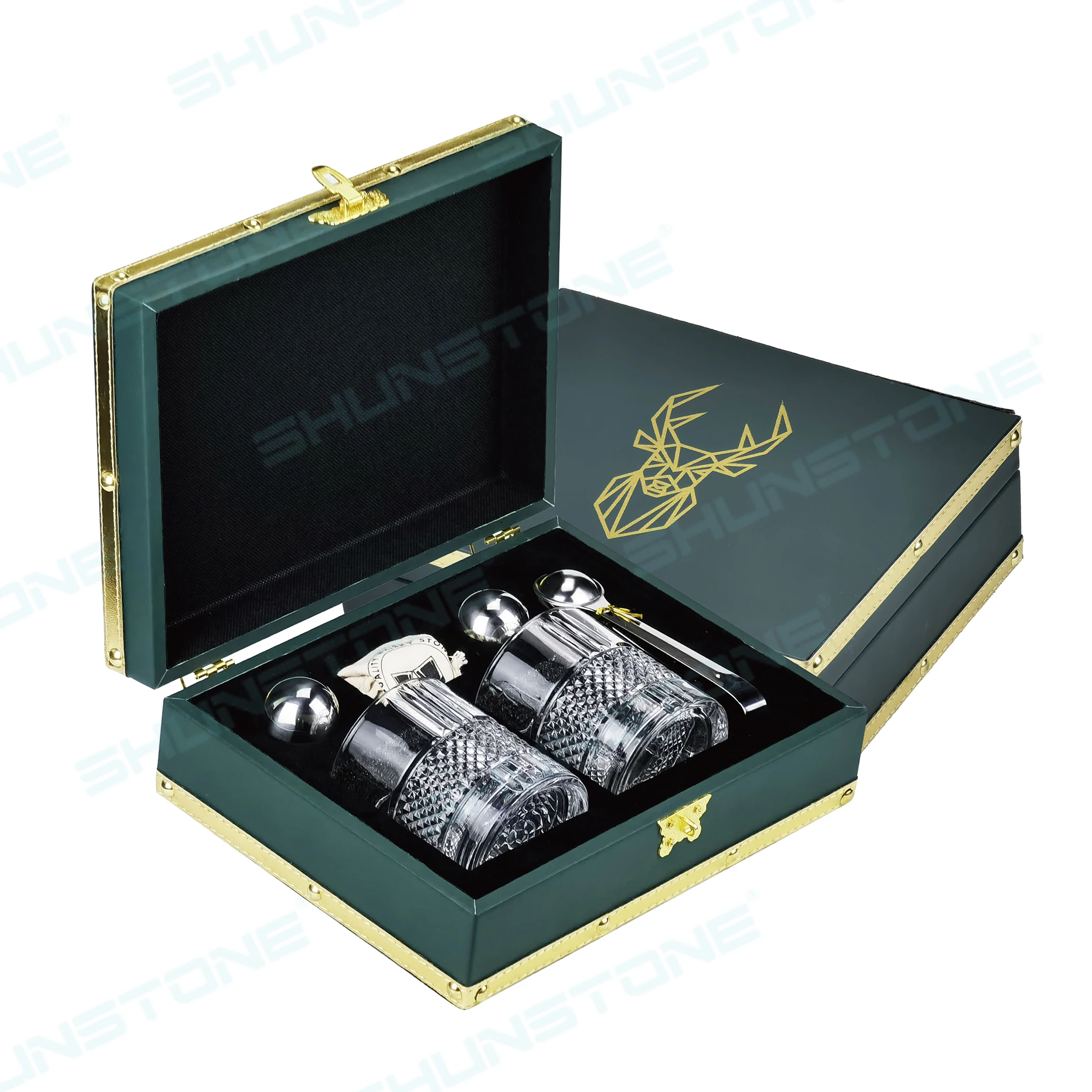 SHUNSTONE Stainless Steel Whiskey Chilling Stones Ball Rotating Whiskey Glasses Set Premium Green Leather Gift Box