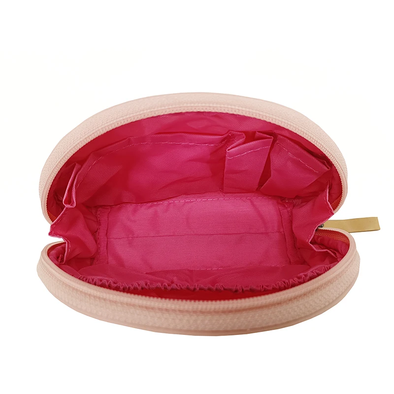 Custom leather makeup travel wholesale Polyester pink luxury Satin Half Shell Shape Trendy cosmetic bags & cases