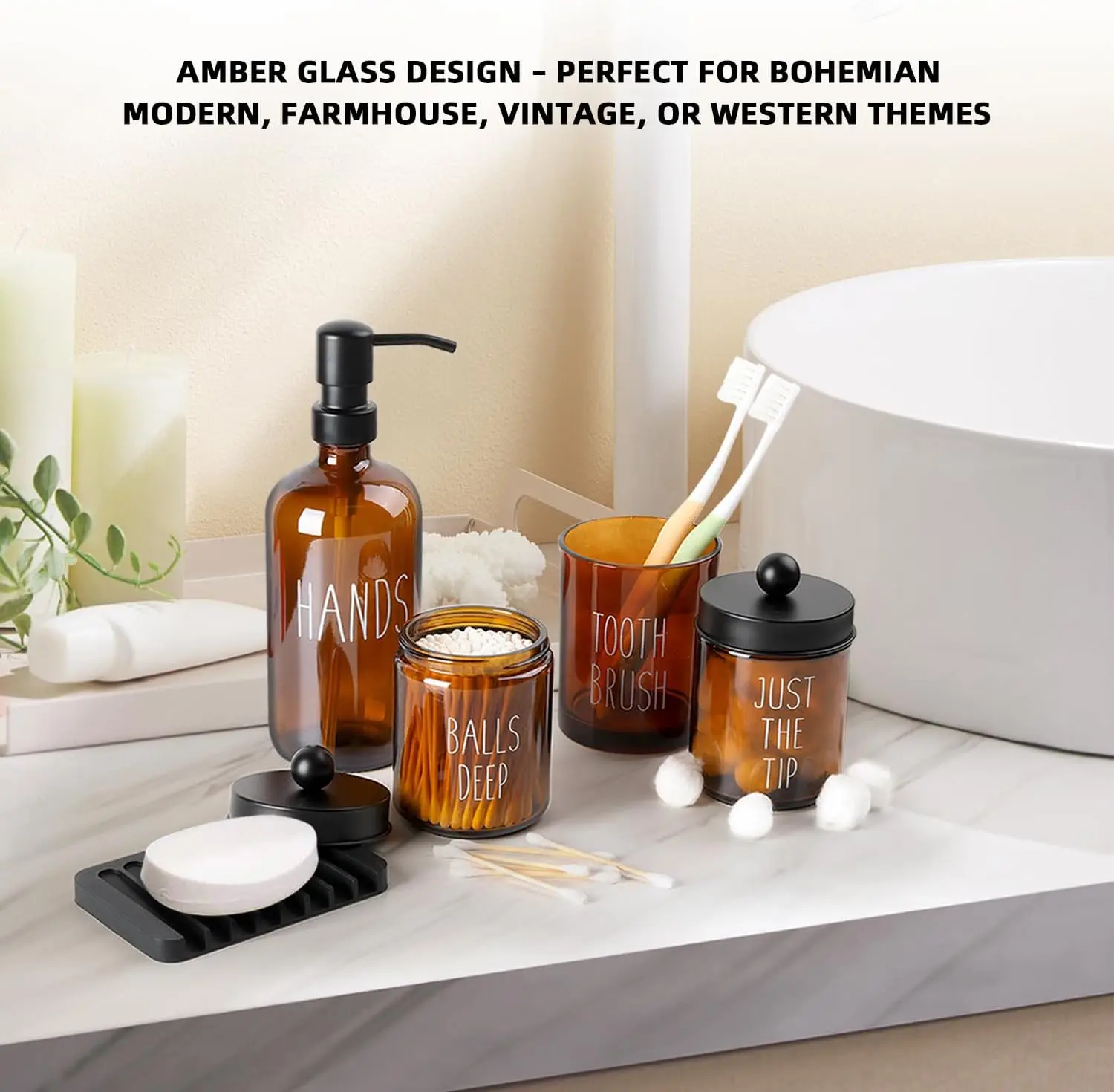 5 Pcs Glass Soap Dispenser Soap and Toothbrush Holder Hotel Farmhouse Boho Home Decor Bathroom Accessories Set