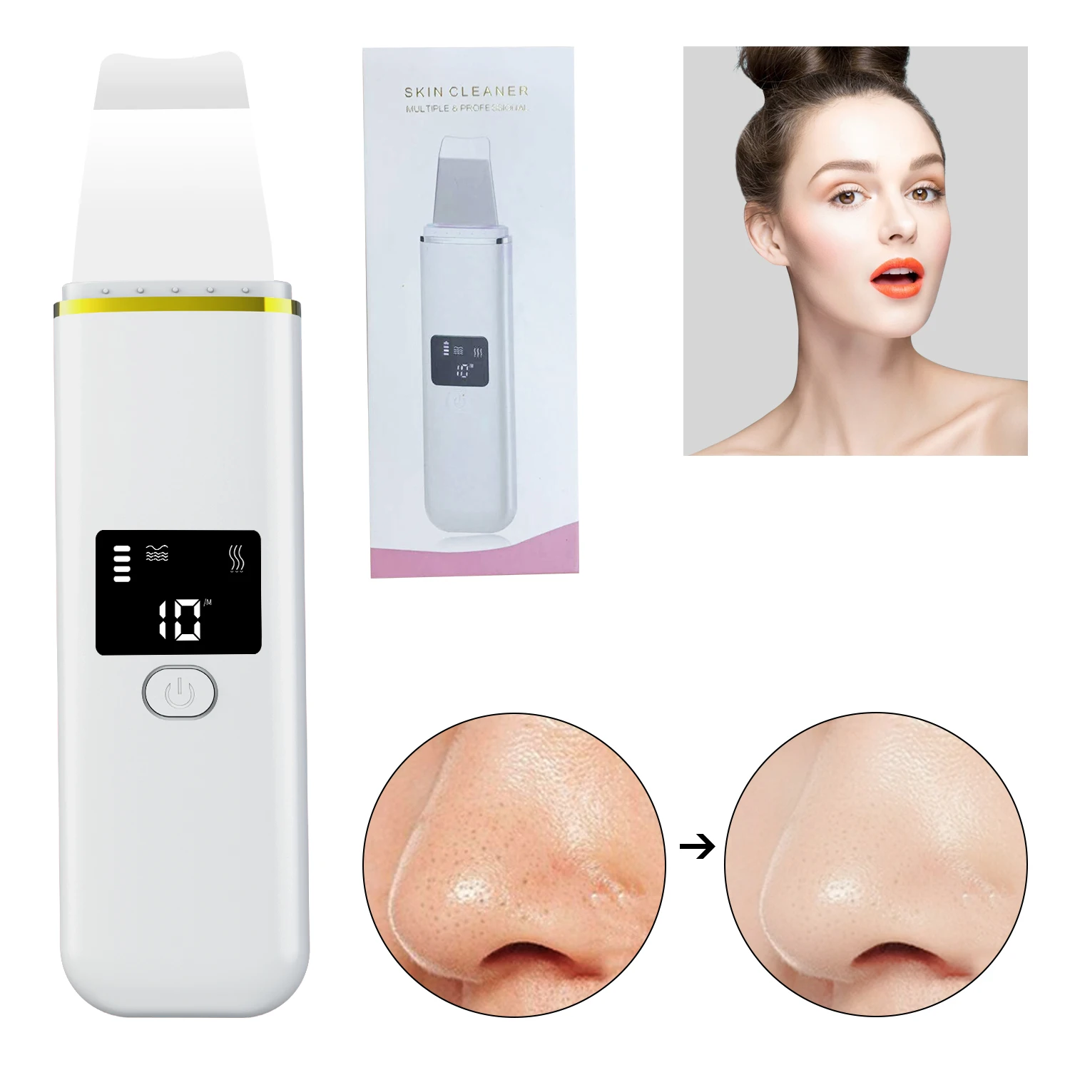 Customized Logo Ultrasonic Skin Scrubber Facial Scrubber Blackhead Remover Pore Cleaner Skin Spatula Skin Scraper with 4 Modes