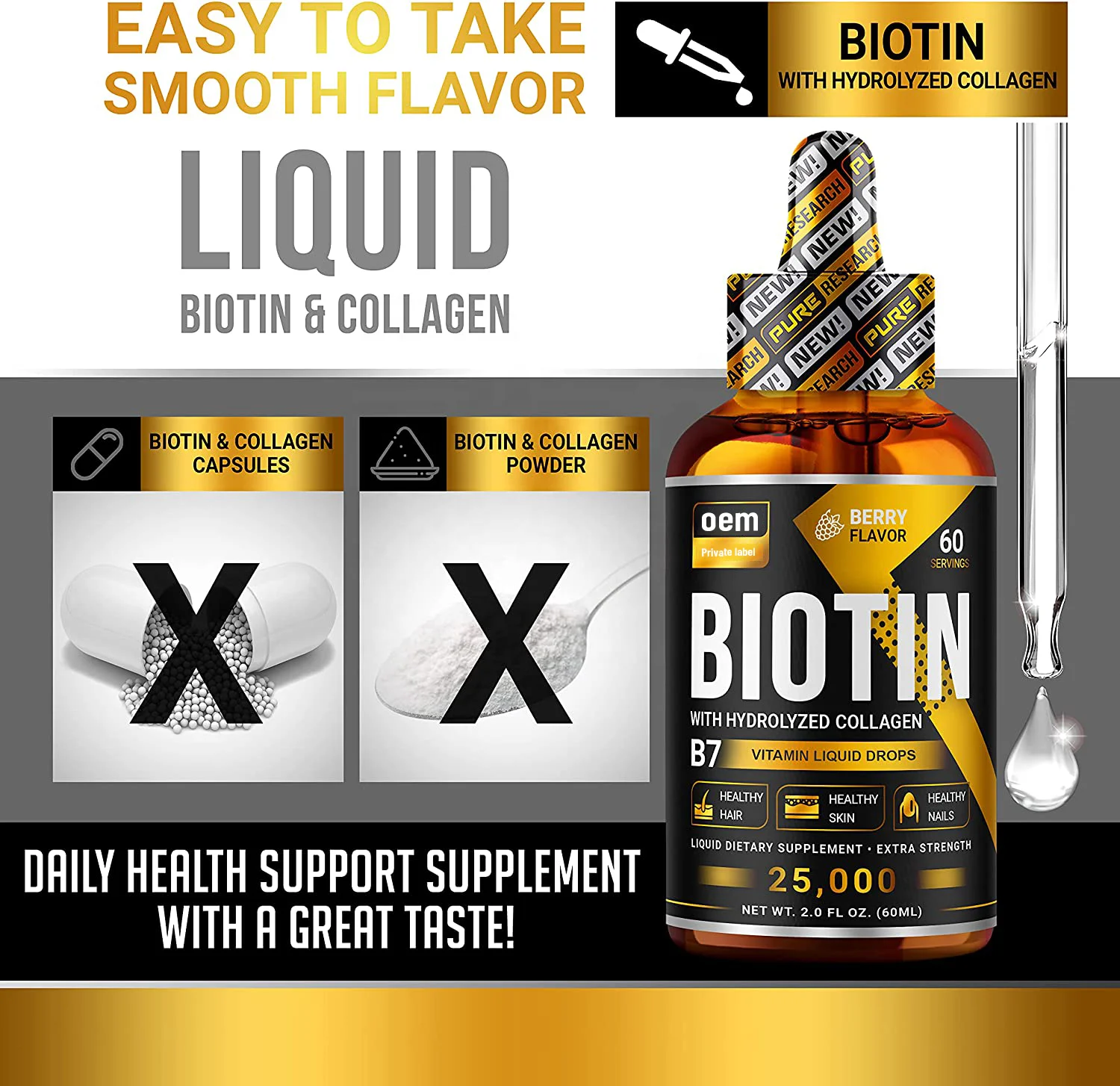 Biotin Collagen Liquid Drops Vitamin For Hair Growth,Strong Nails Glowing Skin Care Fast Hair Growth Liquid Collagen Drink OEM