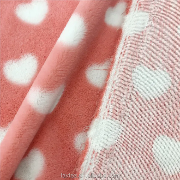 100% Polyester Knitted 8mm Low Pile Heart Print Rabbit Faux Fur Minky Plush Fabric