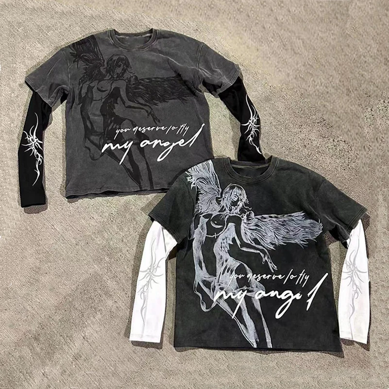 Custom Screen Print T-Shirt Cotton Ripped Distressed Stone Vintage Acid Wash Double Layer Long Sleeveless T Shirt For Men