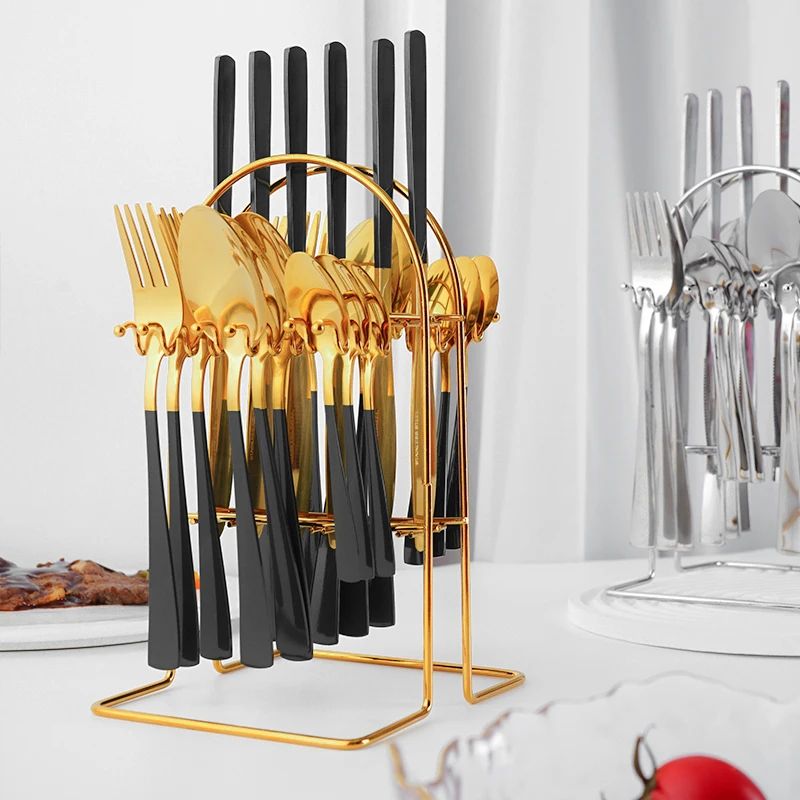 Gold Cutlery suit Household With display shelf Square handle fork spoon knife set stainless steel kitchen Cutlery set Reusable
