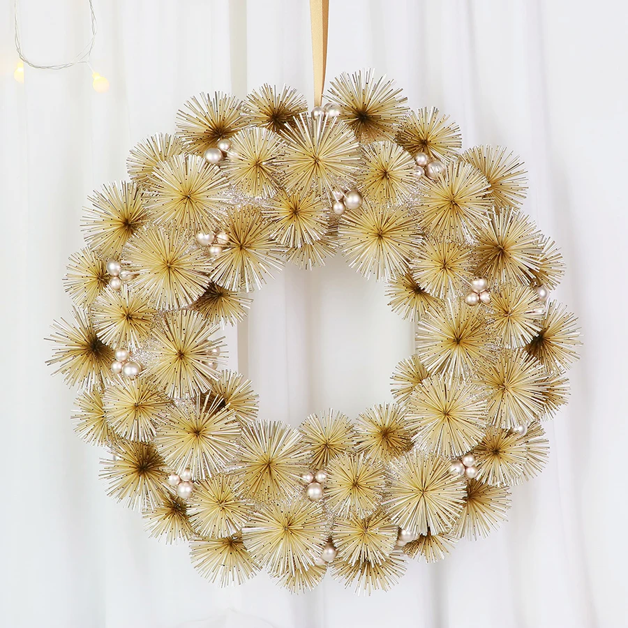Wholesale champagne gold Christmas Wreath with glitter pompom flower Home pendants