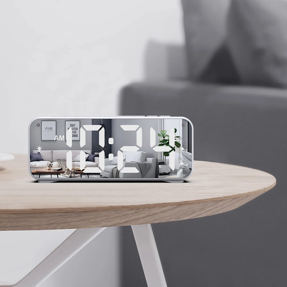 Digital Clock Large Display LED Electric Alarm Clocks Mirror Surface for Makeup with Diming Mode, 3 Levels Brightness