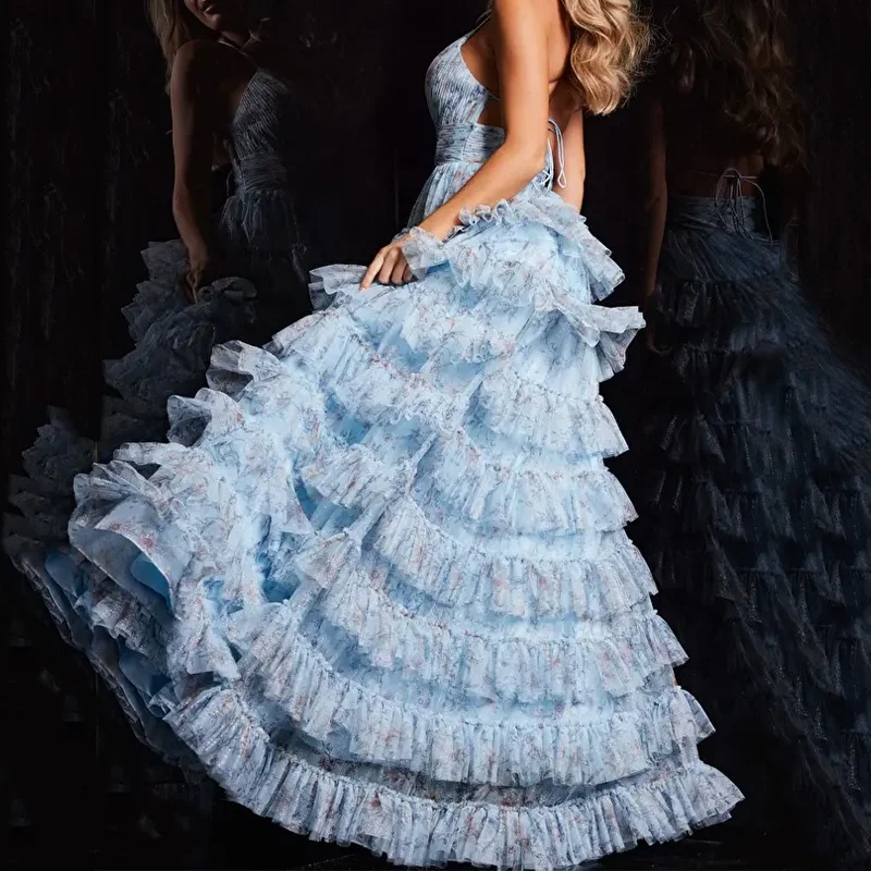 PD2413 fast custom prom dress manufacturer high slit spaghetti strap a-line pleated layered floral printed party dresses women