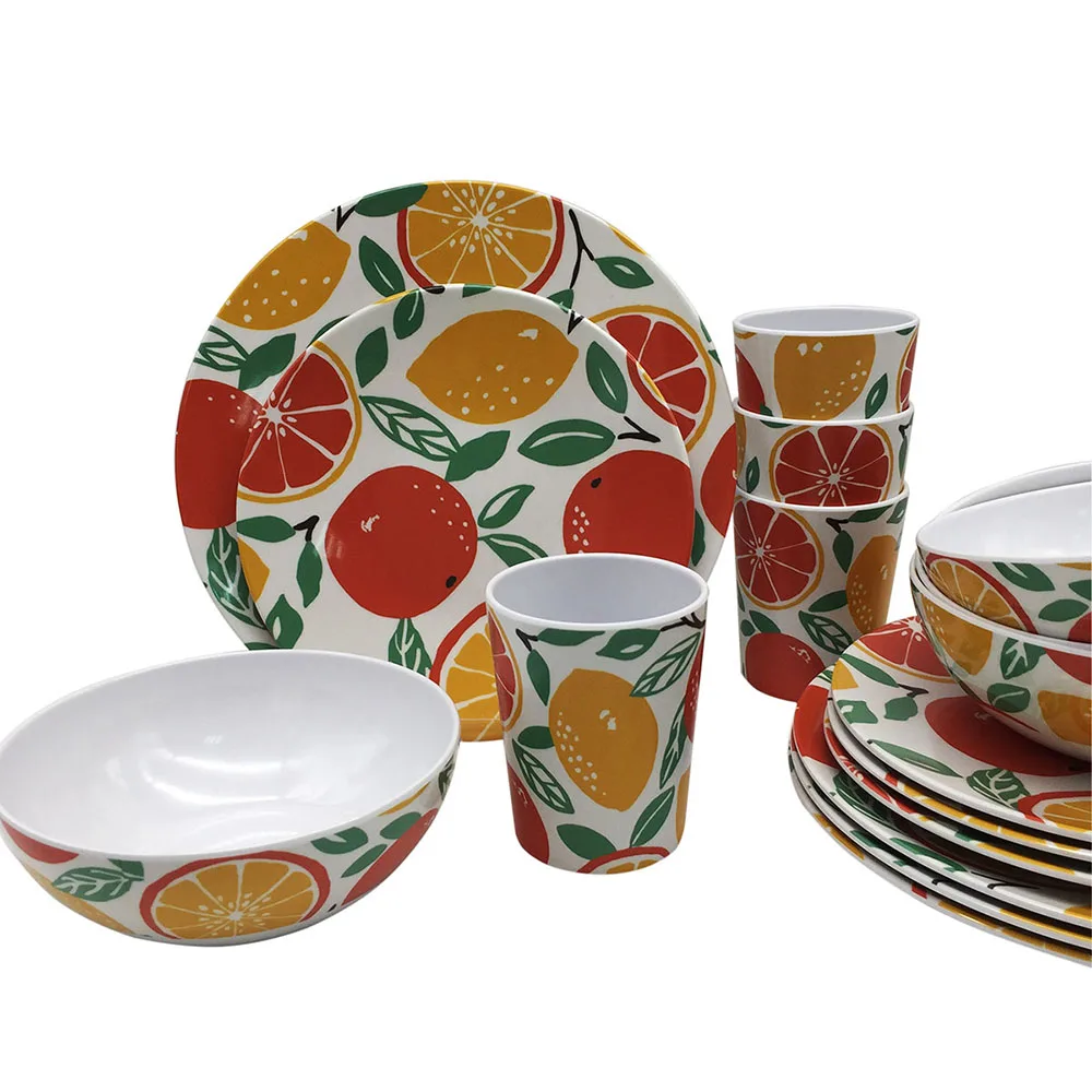 lemon print pattern custom  hard plastic picnic party food serving bowl plate  dinner set melamine dinnerware set