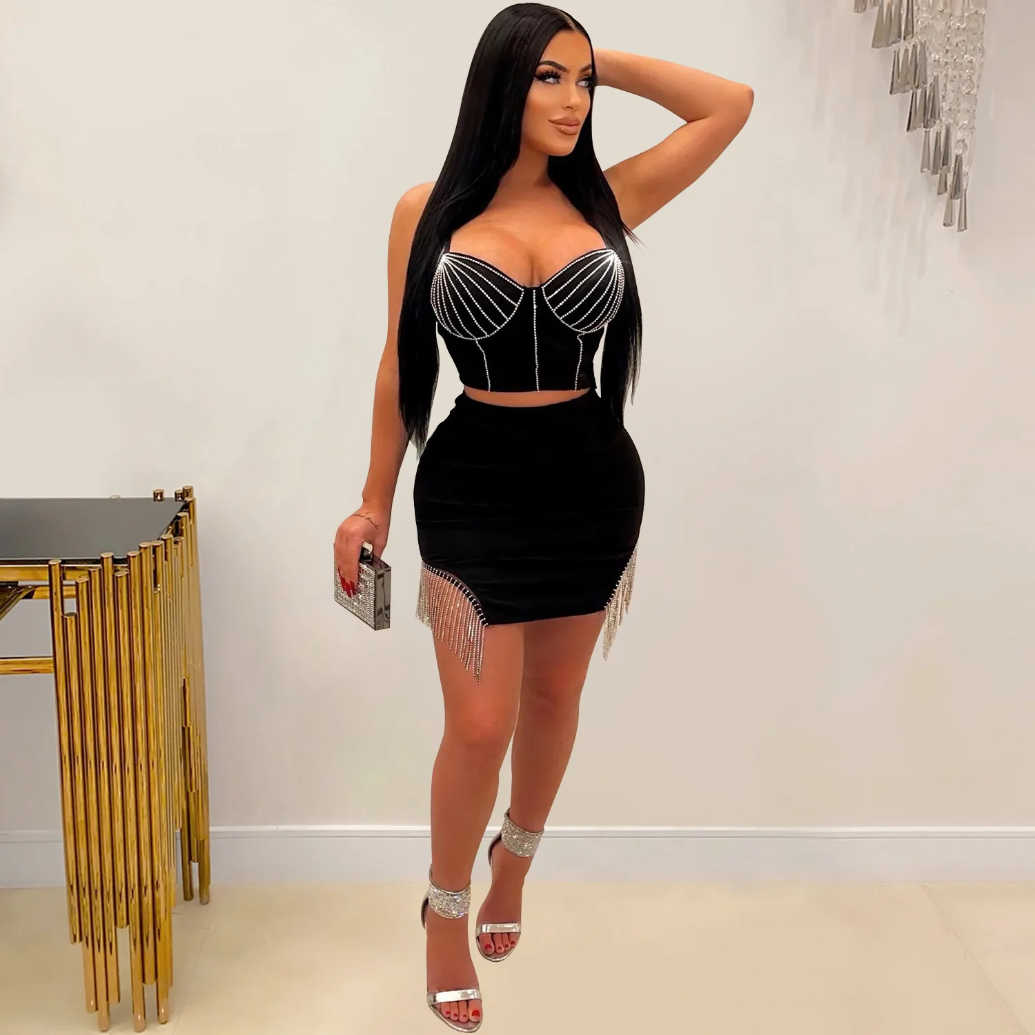 X1238 -  fashion rhinestone fringe spaghetti sleeveless camisole and mini skirt 2 piece set women clothing