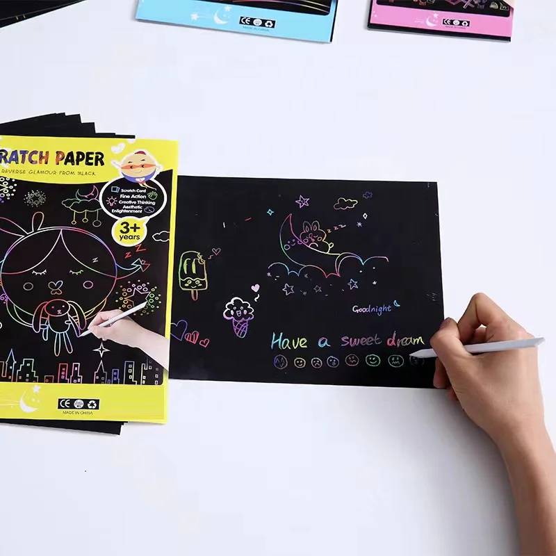 Custom A4 16K 32K Scratch Paper Note for Art Painting Cartoon Graffiti Paper Scratch Card Scratch Book for Kids