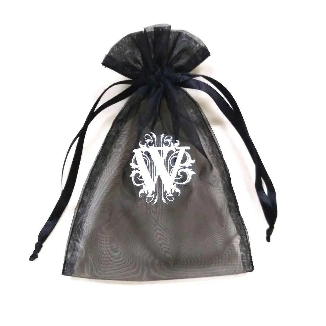 
Custom 9*12cm Brand Logo Printing Candy Jewelry Gift Packaging Organ Pouch With Ribbon Drawstring Mesh Organza Bag Wholesale 