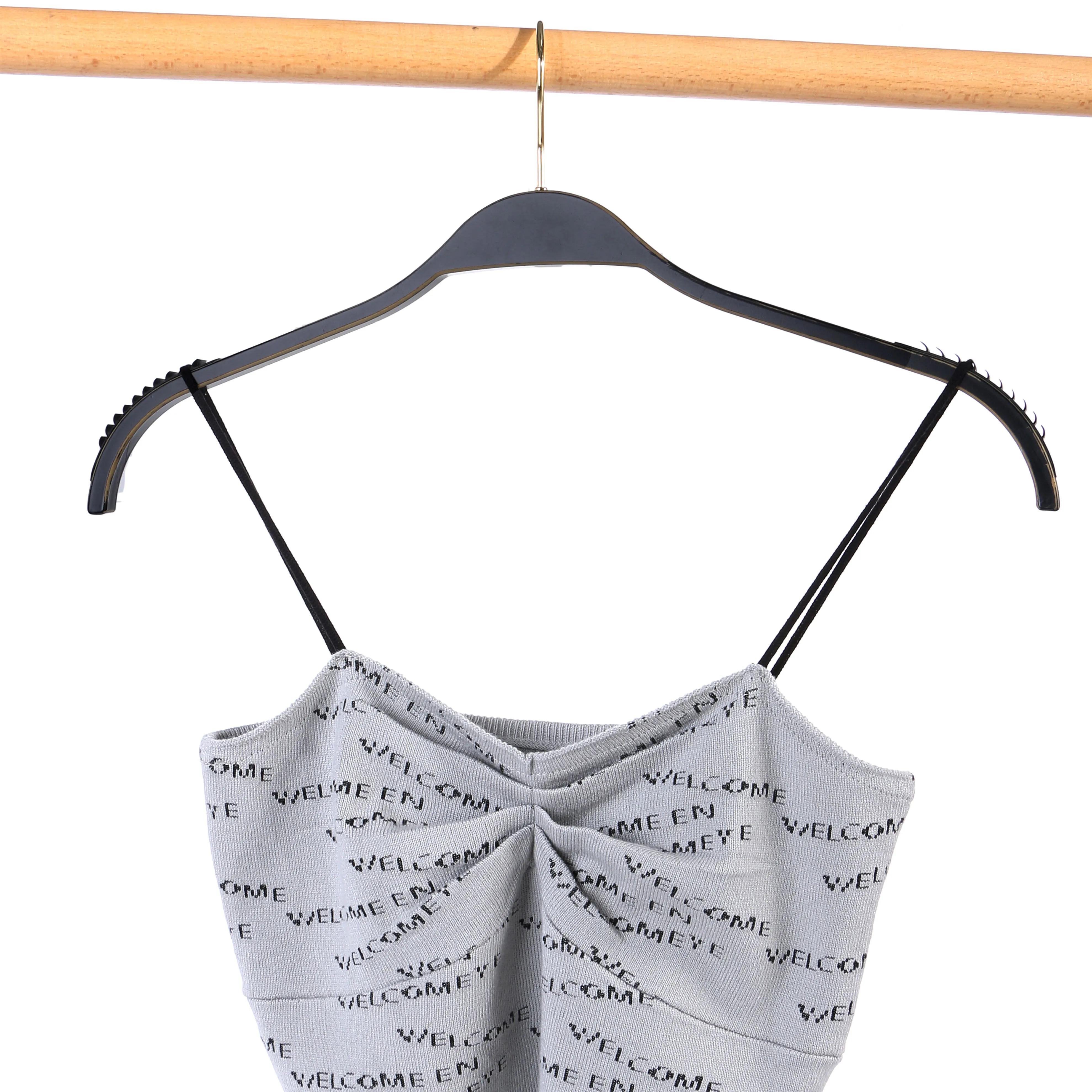 High-End Non-Slip ZARA Style Plastic Coat Rack Hangers Black Gold Trim Custom Logo Space-Saving Wardrobe Bathroom Clothes Rack