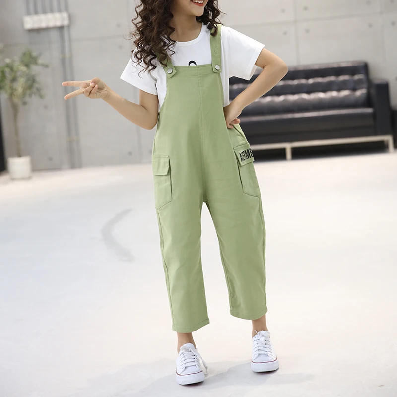 
2021 New Lovely Casual Baby Girls Toddler Adjustable Loose Overalls Green and Yellow Suspenders Trousers with Big Pockets Pants 