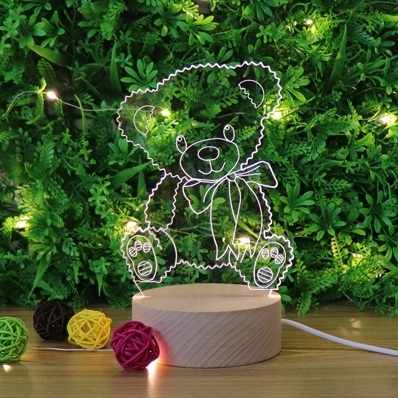 Home Decoration Lovely  Bear 3d Acrylic Table Lamp Usb Charge Acrylic Night Light With Wooden Base