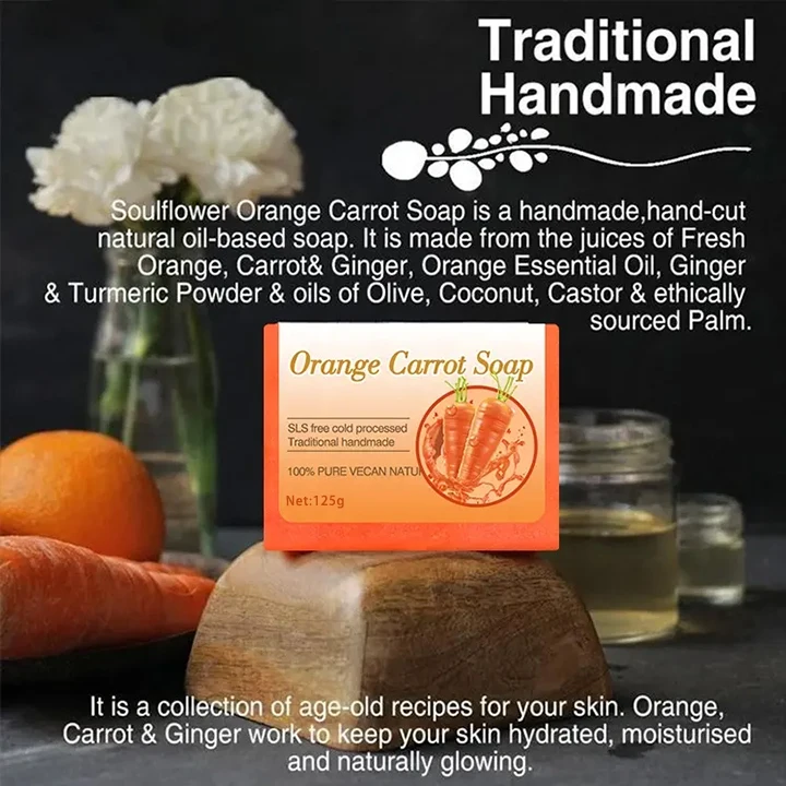 100% Pure Natural Orange Carrot Handmade Bar Soap Castor Oil Vitamin E Cleansing Exfoliate Moisturize Solid Bath Body Bar Soap