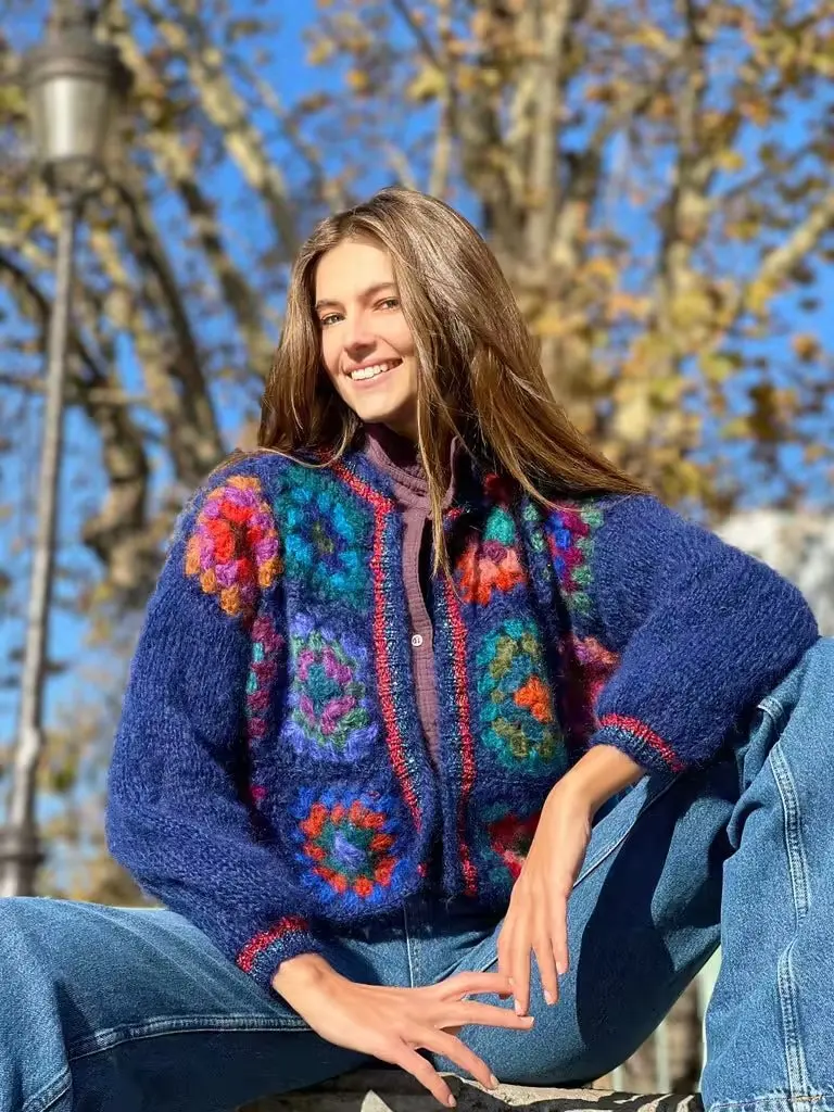 2023 Cropped Vintage Grandma Square Hand Crochet Openwork Custom Ladies Sweaters Modest Cardigan Mohair Knit Women Sweater