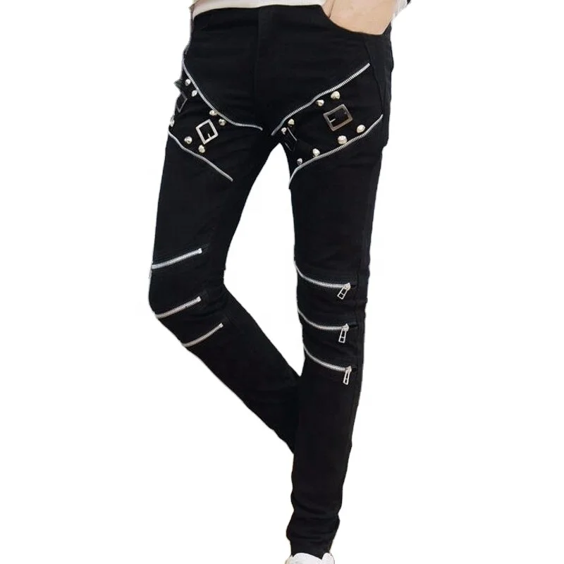
Vintage streetwear metal rivets & buckles punk Men Joggers Trousers slim fit multi-zippers hip hop Pants 