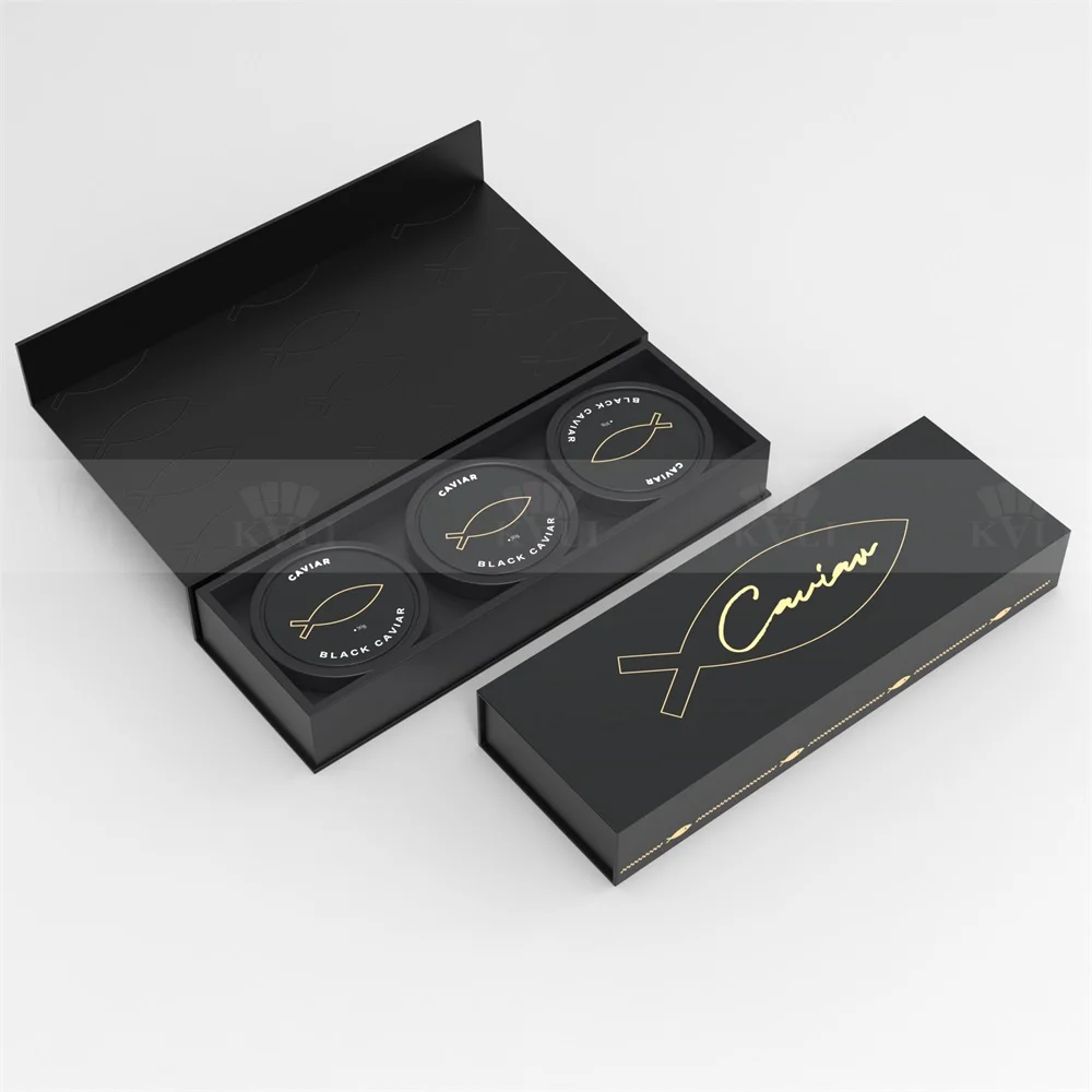 Luxury Custom Matt Black 3 PCS Caviar Sturgeon Roe Packaging  Paper Cardboard Magnetic Top Gift Box