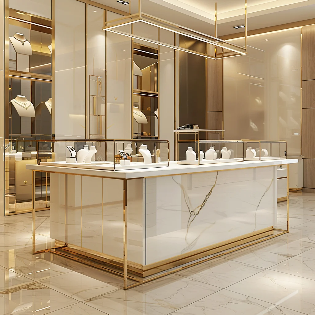 High End Luxury Golden MarbleJewelry Store Showcase Counter Design Custom Glass Jewelry Display Showcase for Retail Shop