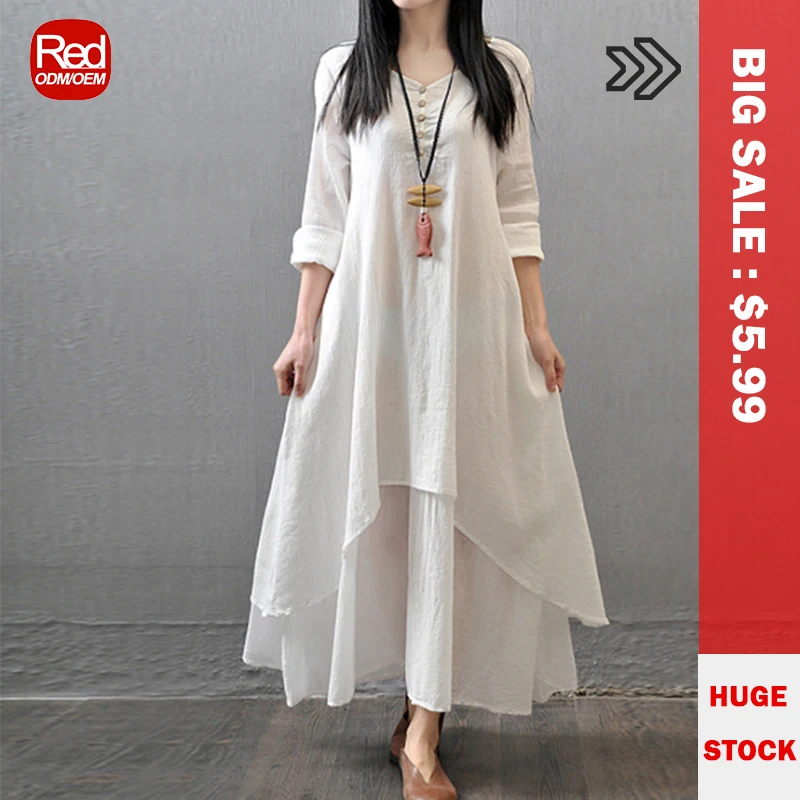 HKRED RTS Wholesale Lady Solid Color Long Sleeve Cotton Korean Maxi Women Linen Dress With Plus Size Casual Dresses