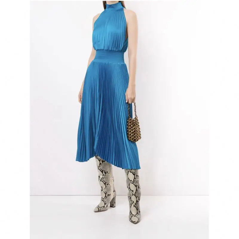 Plus Size Women Casual Dresses Sleeveless Ladies Blue Silk Satin Halter Midi Dress Natural OEM Service Zippers Adults Solid