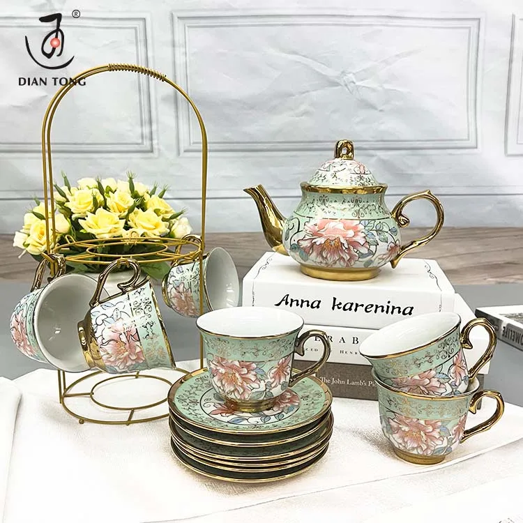 Luxury Gold 13pcs Print Arabic Espresso Ceramic Coffee Cup And Saucer Set Turkish Coffee Cups Set Logo Custom Floral Tea Cup Set