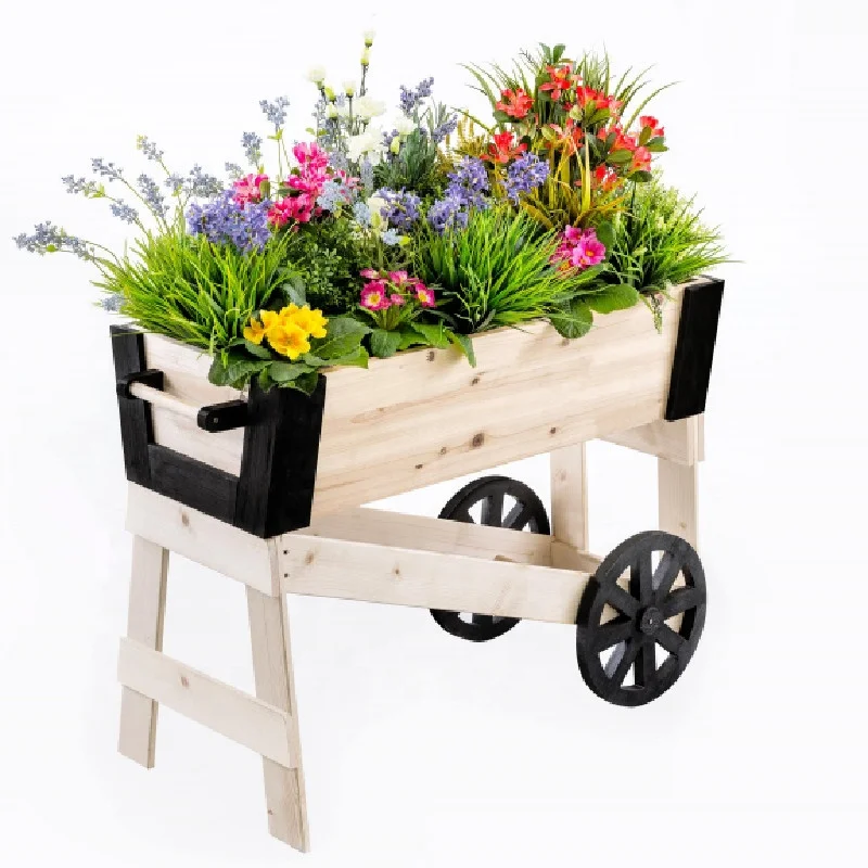 Jaalex Outdoor Wooden Trolley Raised Garden Bed Flower Plant Garden Bed Planter Box With Wheels