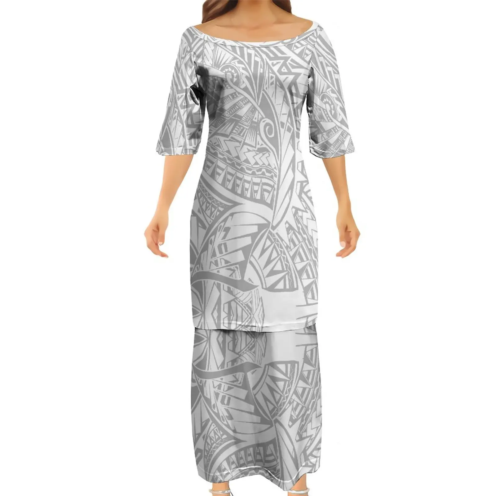 Milk Silk Polynesian Tribal Clothing Custom Puletasi Samoa Tonga Ptaha Church Top 2 Pc Skirt Set White Sunday Long Maxi Dresses