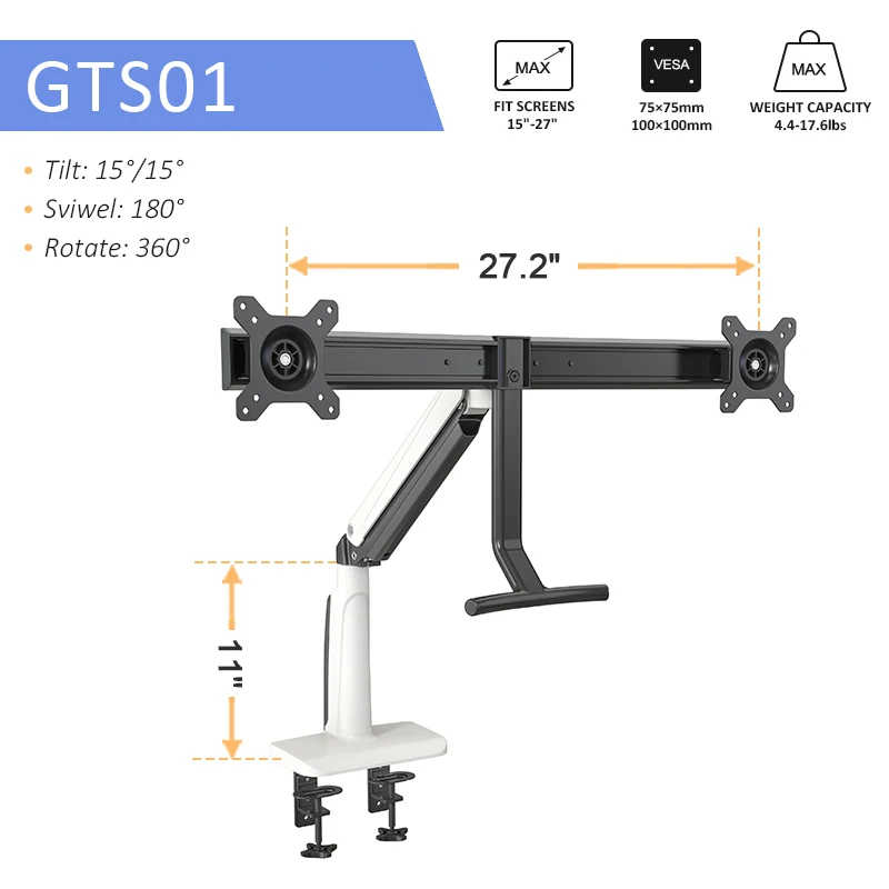 Dual Monitor Arm  Mount with Crossbar 2 Piece Clamp Mount Base | Angled Link/Dynamic Link | Standard Black Vesa Bracket