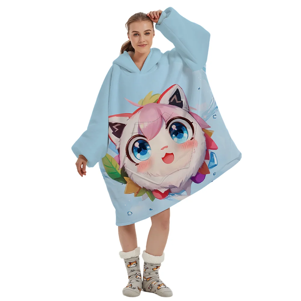 Customized Anime Printed Lovely Pink Elf 230gsm Thick Warm Flannel Fleece Hoodie Blanket with Patent Pockets and Sleeve