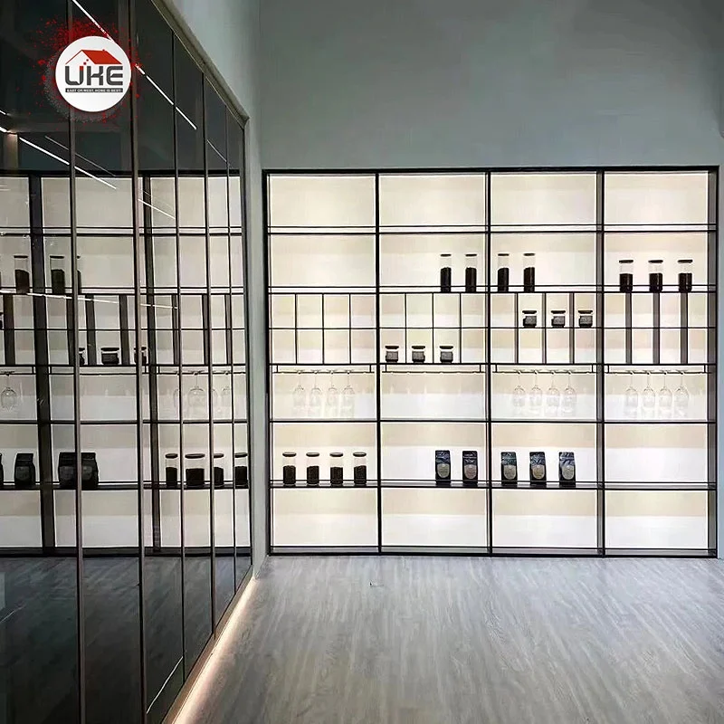 Wine Cabinet Aluminum Shelf With Hanging Cup Holder Minimalist Kitchen Shelving Built-In Led Light Wines Storage Rack